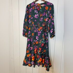 Calvin Klein Dress Green Floral‎ Faux Wrap Midi Ruffles Size 4 in Malachite